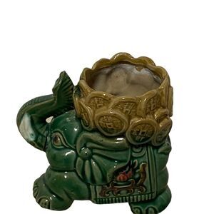 Elephant with Raised Trunk 5 x 4.5 inch Ceramic Planter Pot Green